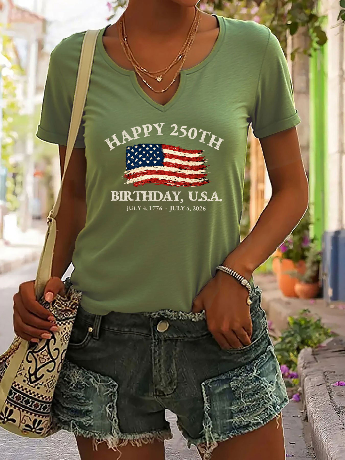 USA 250th Birthday V-Neck T-Shirt – "Happy 250th Birthday, U.S.A." with Distressed American Flag Print, Casual Green Short Sleeve Top