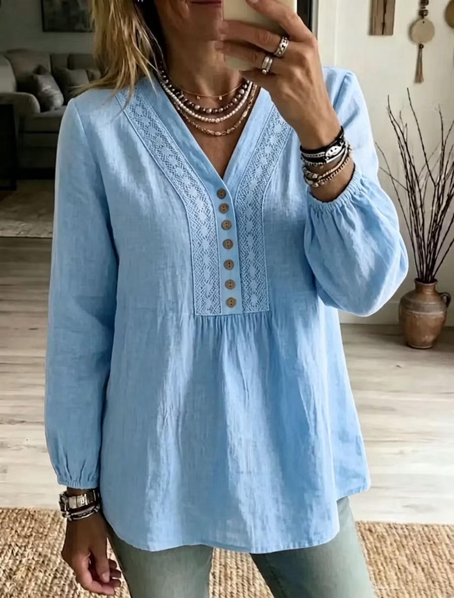 Women Breathable Linen Look Casual Tunic Top, V-Neck Crochet Lace Button Detail Puff Sleeve Blouse for Office Beach Daily Wear