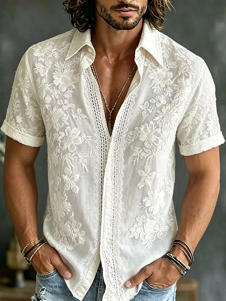Boho Style Men Floral Embroidered Short Sleeve Casual Vacation Button Down Shirts