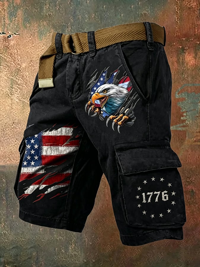 Men's Retro Independence Day Flag Print Cargo Shorts