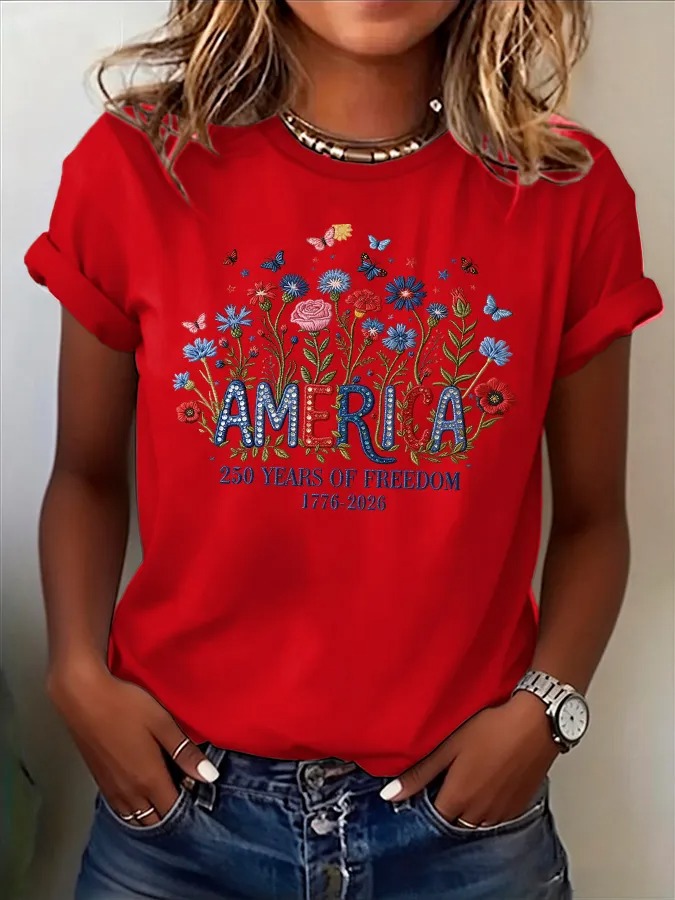 Women's "America 250 Years of Freedom" Floral Embroidered T-Shirt