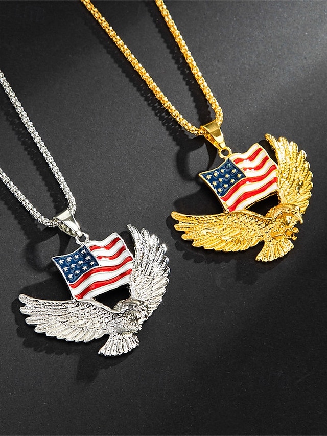 American Flag Eagle Pendant Necklace – Gold/Silver Plated Patriotic Jewelry, USA Pride Waving Flag & Bald Eagle