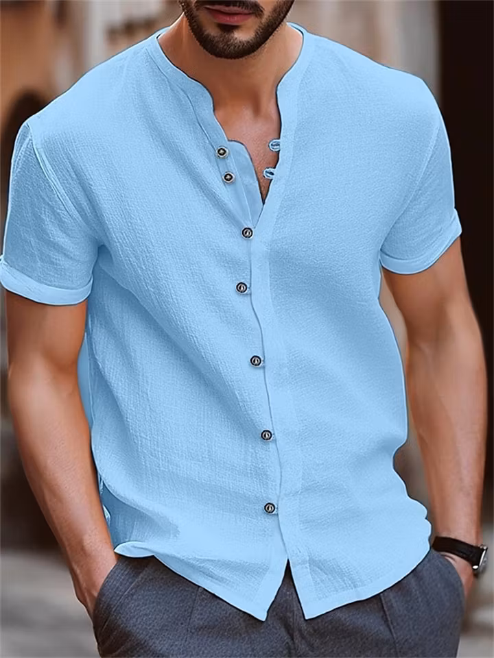 Mandarin Collar Loose Fit Breathable Short Sleeve Summer Shirt for Men