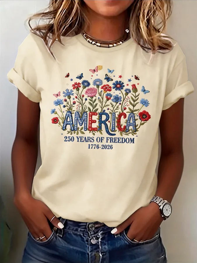 Women's "America 250 Years of Freedom" Floral Embroidered T-Shirt