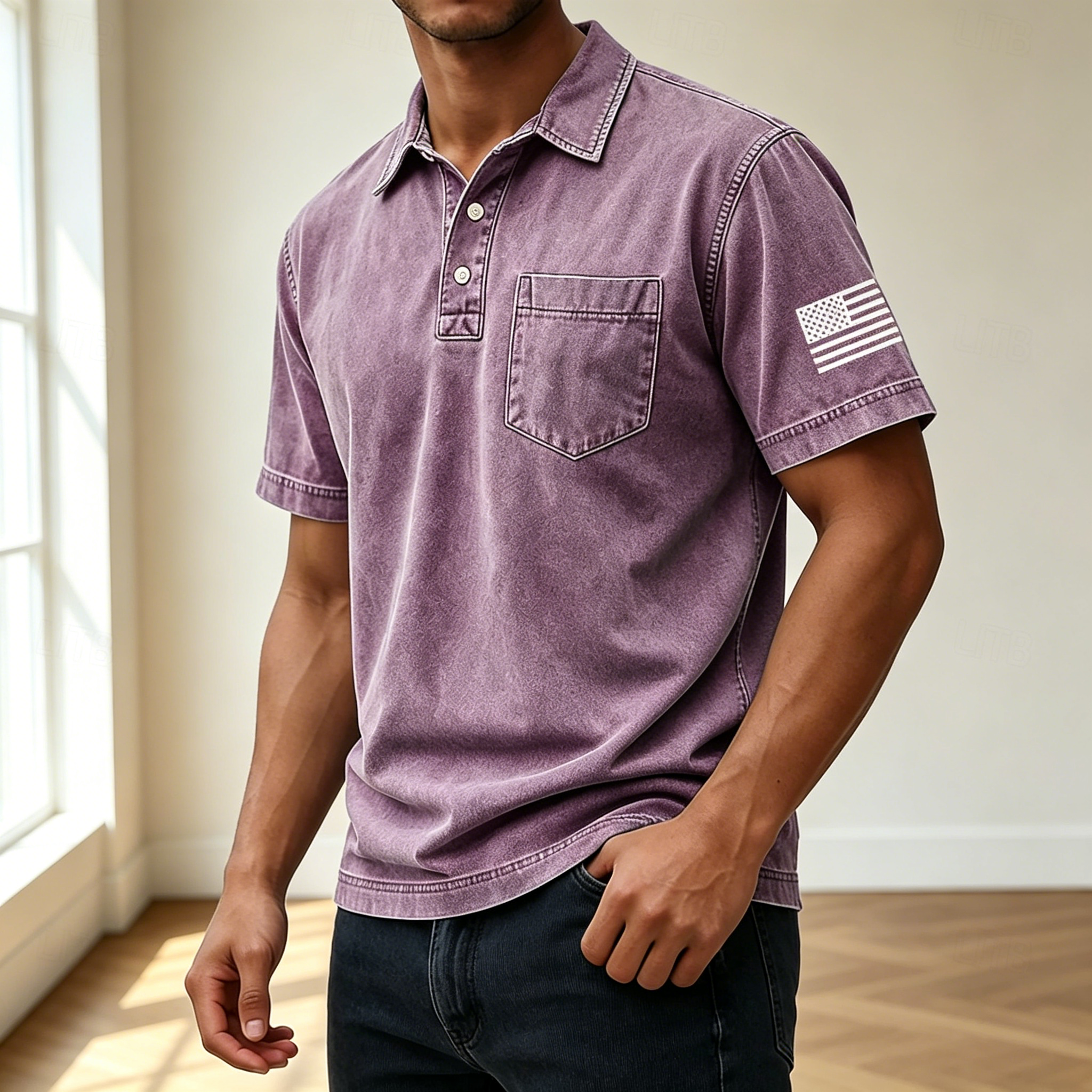 Men Vintage Washed Short Sleeve Pocket Polo Shirt with Sleeve Flag Print