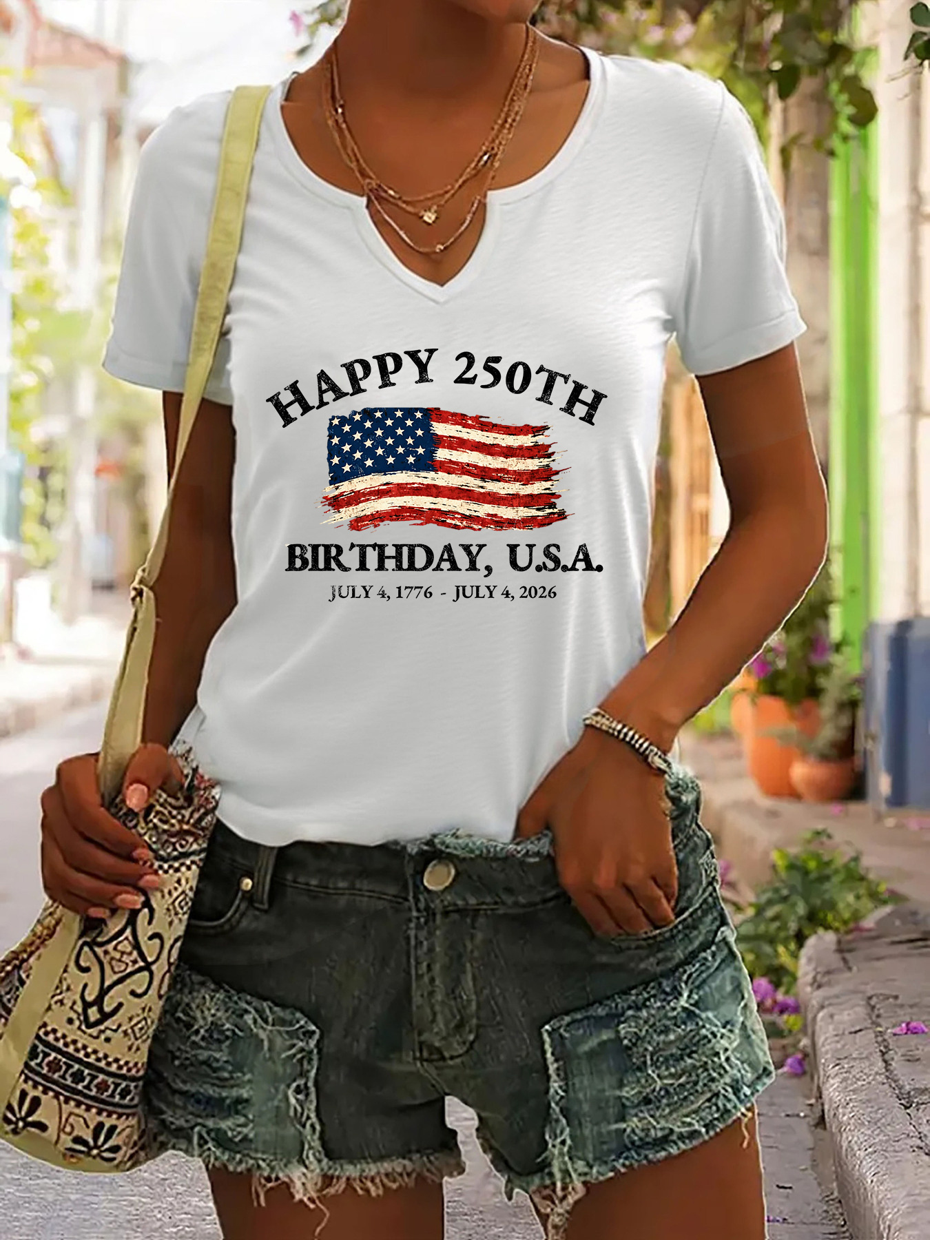 USA 250th Birthday V-Neck T-Shirt – "Happy 250th Birthday, U.S.A." with Distressed American Flag Print, Casual Green Short Sleeve Top