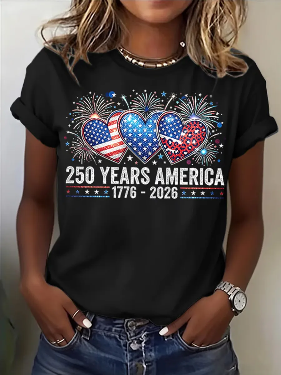 Women’s 250th Independence Day T-Shirt, Patriotic Heart & Fireworks Print Short Sleeve Tee