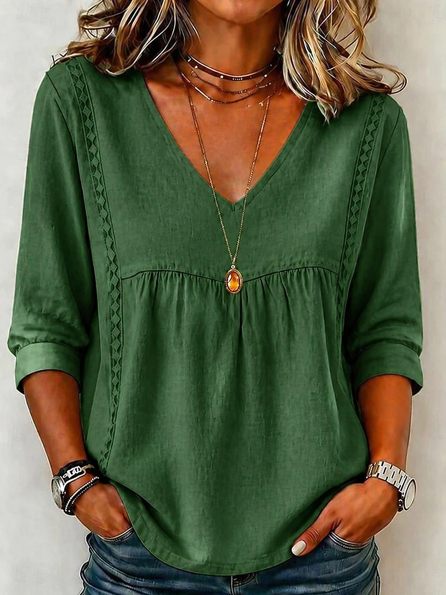 Vintage Boho Loose Fit Babydoll Blouse for Ladies, Lace Panel V Neck 3/4 Cuffed Sleeve Casual Travel Weekend Shirt Tops