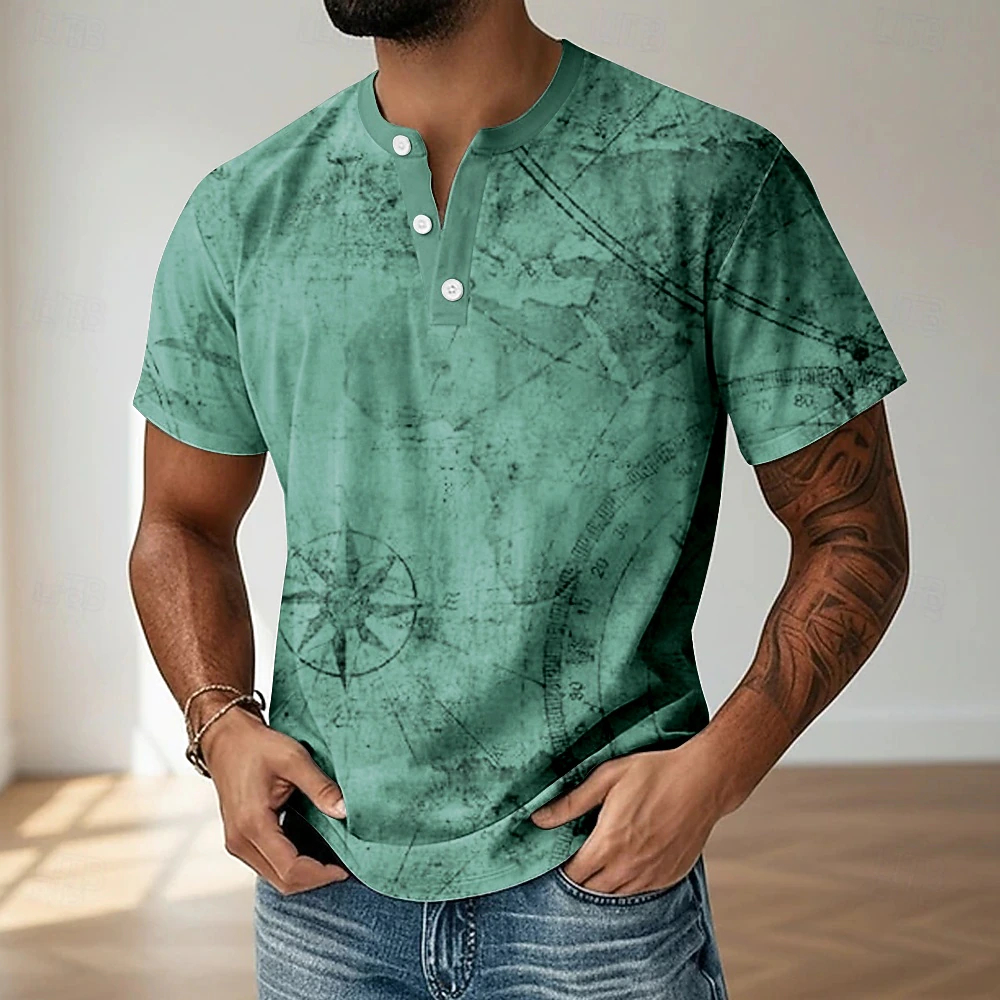 Men Vintage World Map Print Short Sleeve Henley Shirt