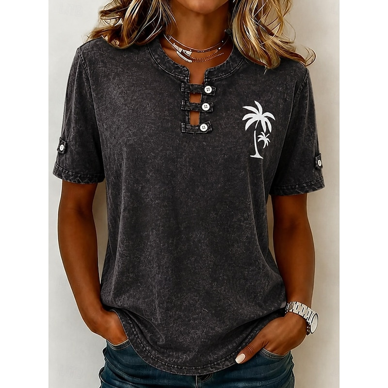 Summer Beach Casual Loose Fit Ladies Distressed Wash Tees, Button Keyhole Neck Palm Graphic Roll Cuff Short Sleeve Shirts