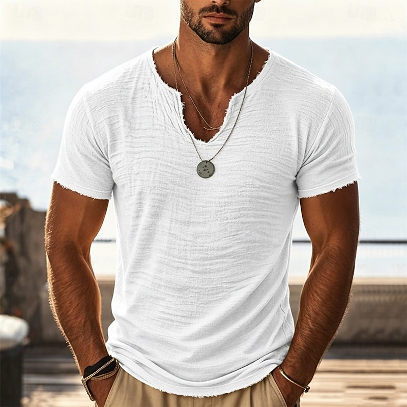 Men's Linen V-Neck T-Shirt - Textured Summer Vintage Tee