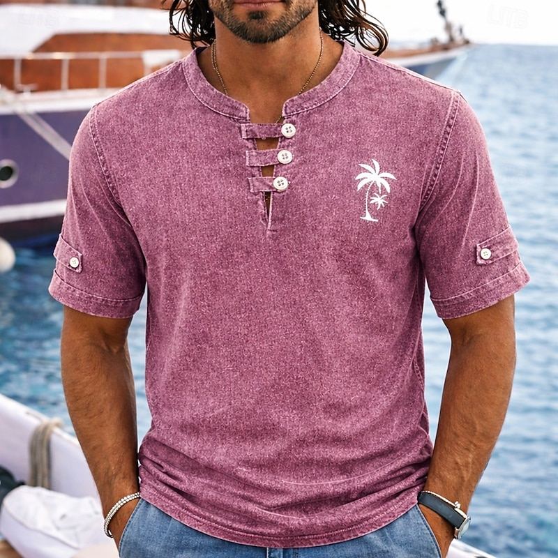 Men Vintage Washed Palm Tree Print Short Sleeve Henley Shirt