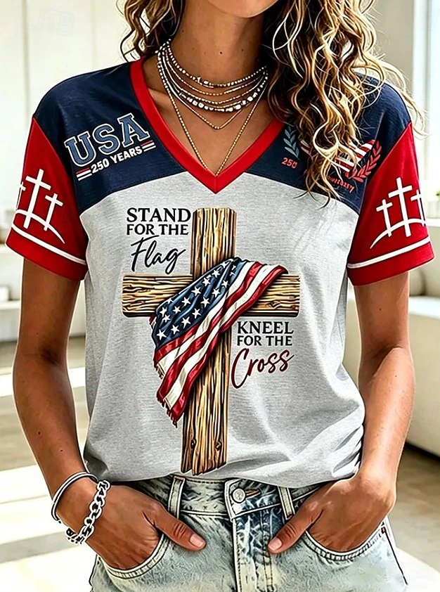 Stand For The Flag Kneel For The Cross Graphic Women Color Block Baseball T