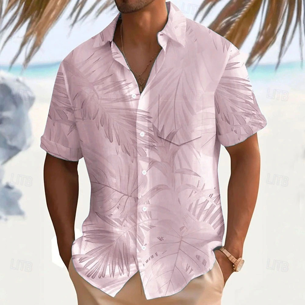Neutral Tone Tropical Plant Print Button Up Shirt, Breathable Casual Beach Travel Short Sleeve Blouse