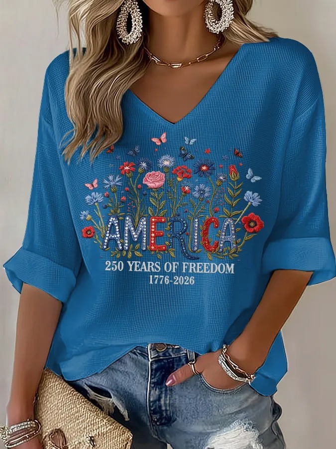 Women's "America 250 Years of Freedom" Floral Embroidered V-Neck T-Shirt