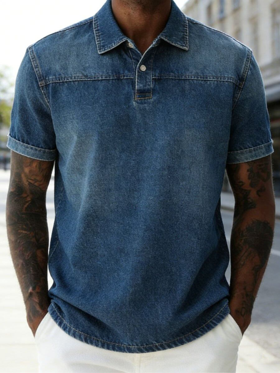 Casual Streetwear Vintage Distressed Denim Short Sleeve Polo Shirt for Men