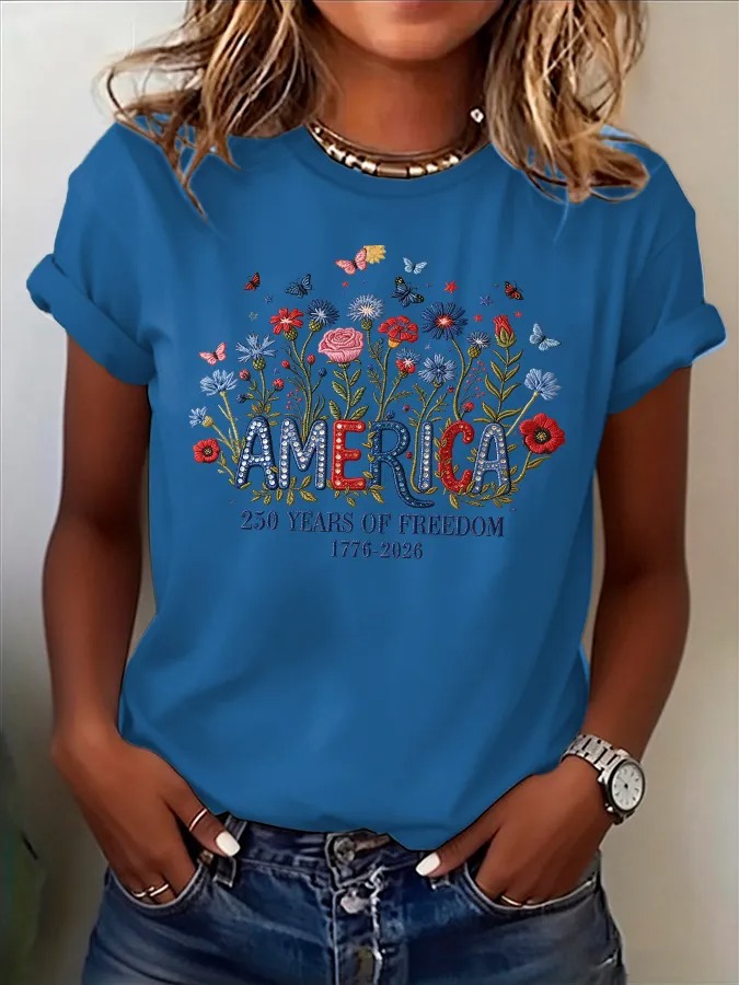 Women's "America 250 Years of Freedom" Floral Embroidered T-Shirt