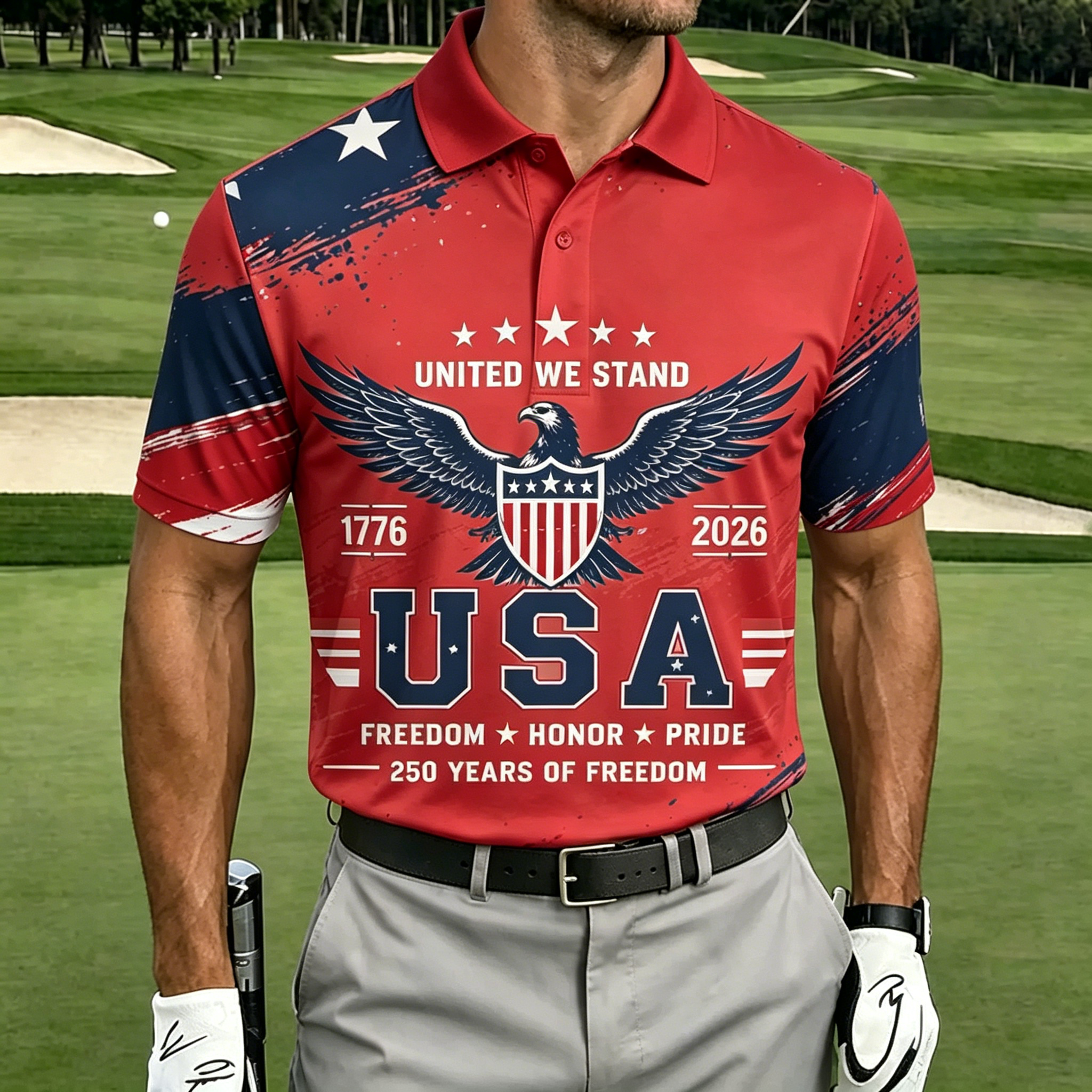 United We Stand Eagle Shield Flag Brush Print Contrast Collar Golf Polo Shirt for Men