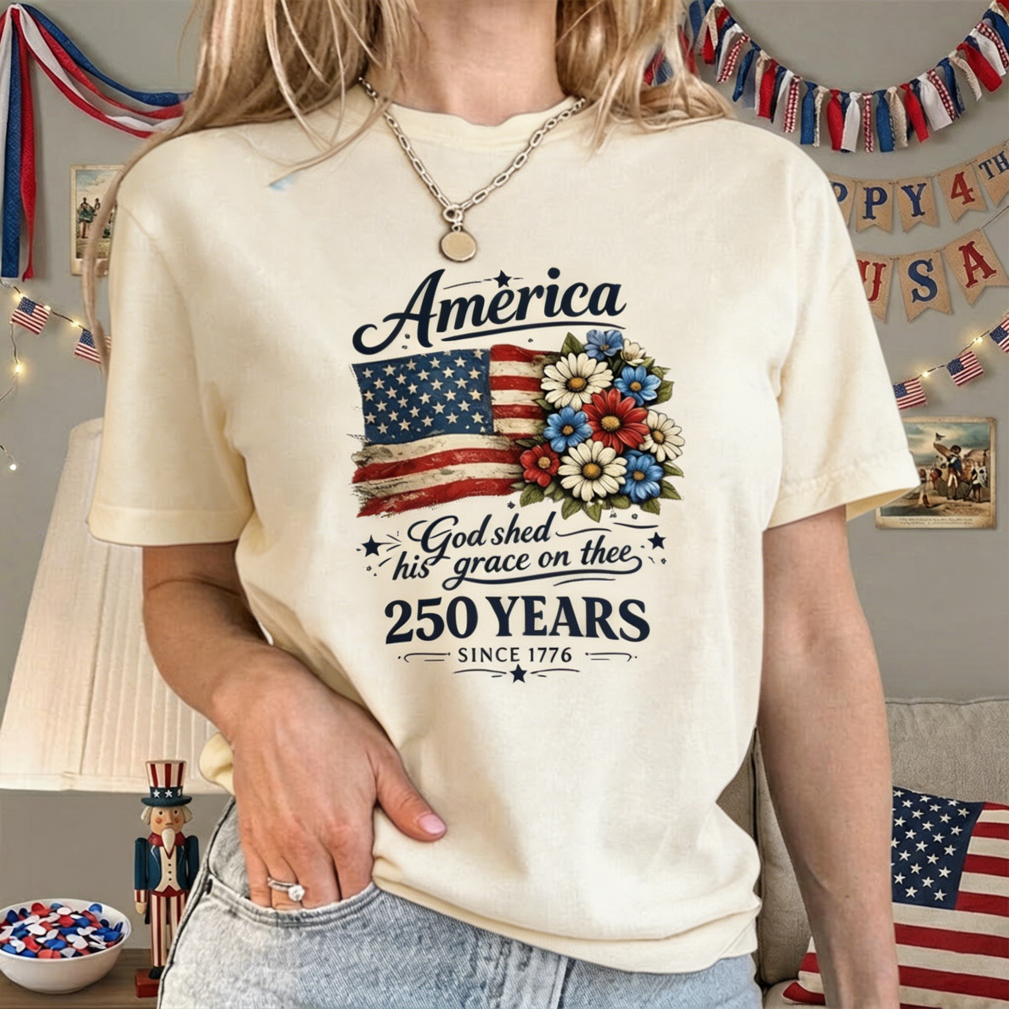America 250 Years Floral Flag Graphic Tee – Vintage USA Flag with Flowers & "God Shed His Grace" Quote, Casual Black Short Sleeve Top