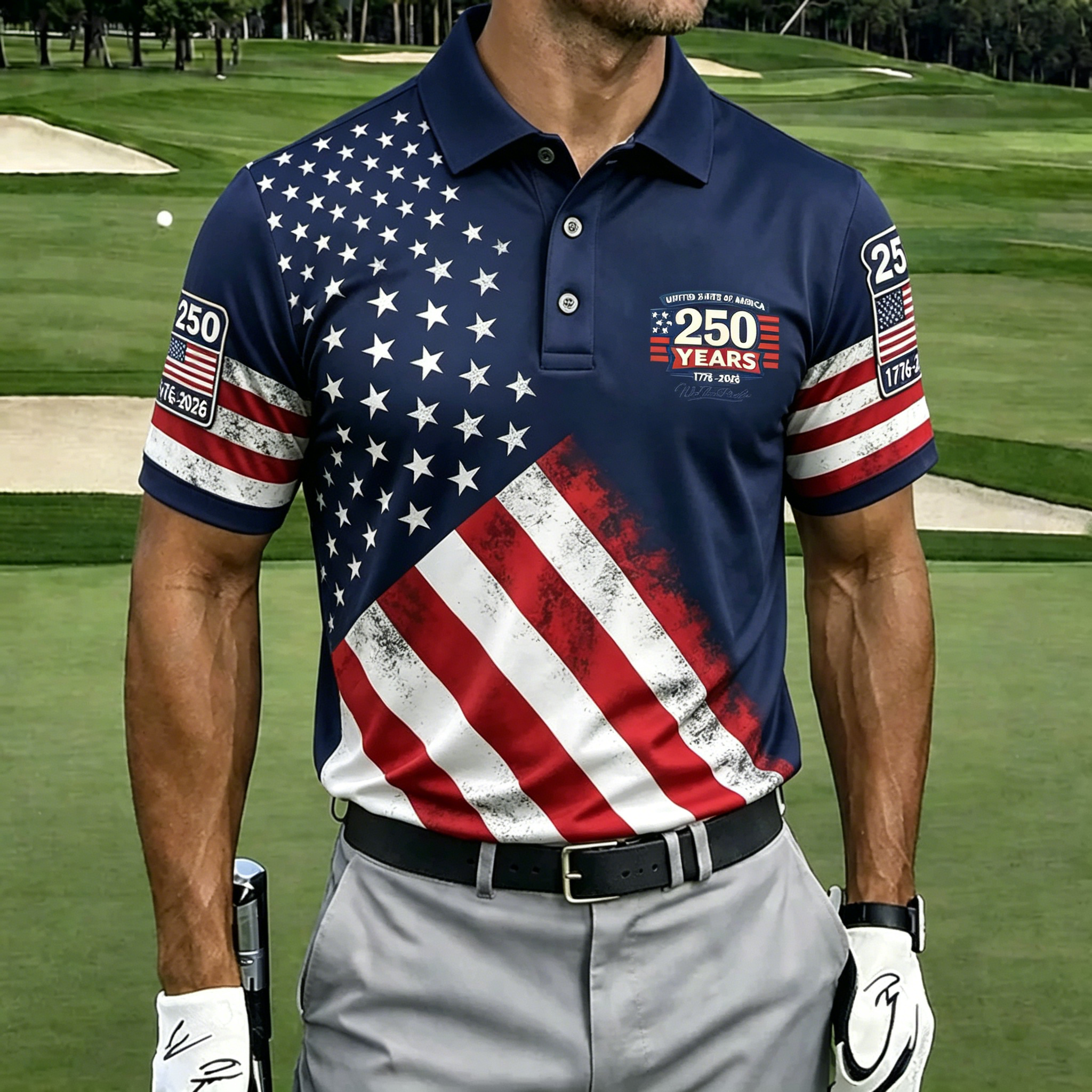 Vintage 250th Anniversary American Flag Print Short Sleeve Golf Polo Shirt Men Casual
