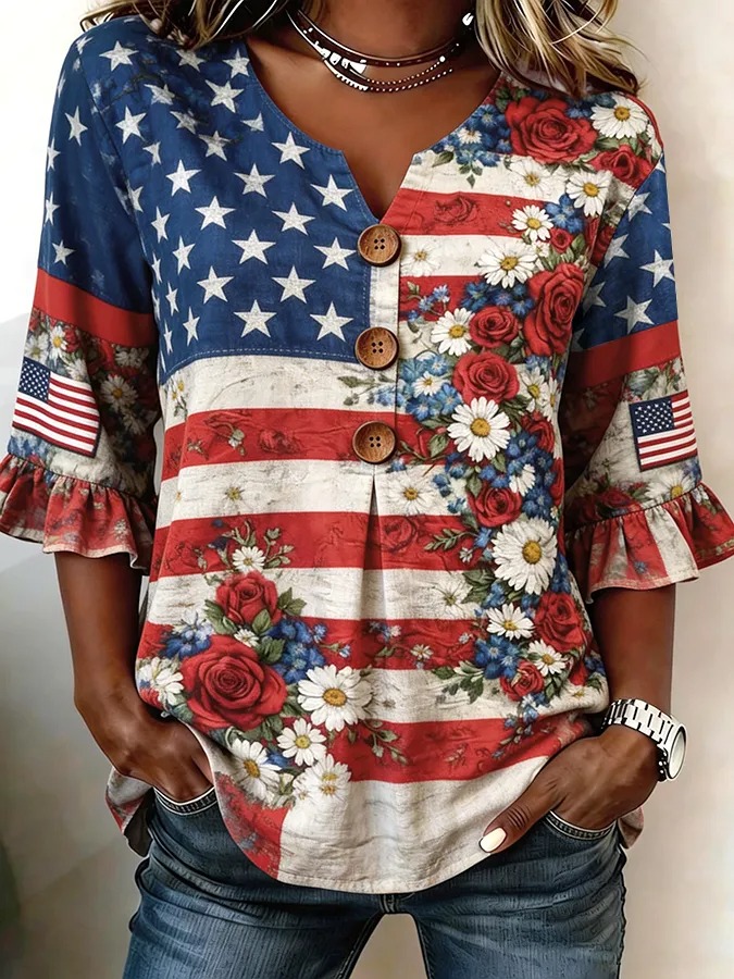 Women's Floral American Flag Ruffle-Sleeve Blouse