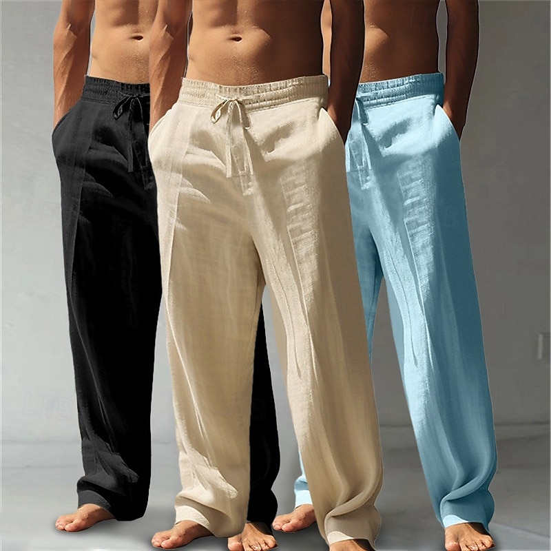 Men's Linen Pants Trousers Summer Pants Baggy Pants Beach Pants Drawstring Elastic Waist Straight Leg Plain Comfort Breathable Knee Length Outdoor Casual Daily Vacation Classic Style White+Black+Gray 2026 - $44.99 &ndash;P11