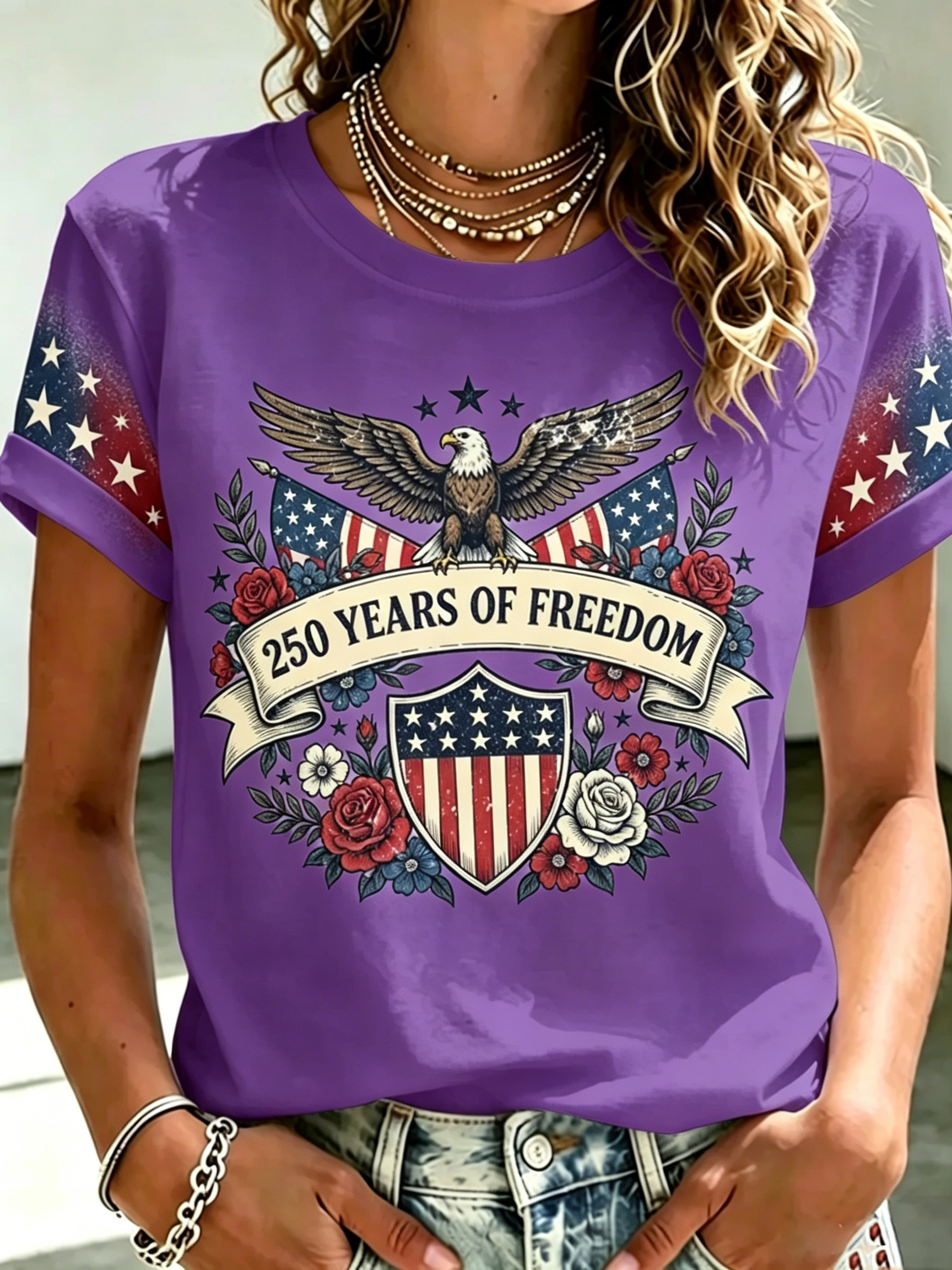 [Copy]Distressed Denim Style Patriotic Eagle Wing Print Ladies Loose Fit Curved Hem Top