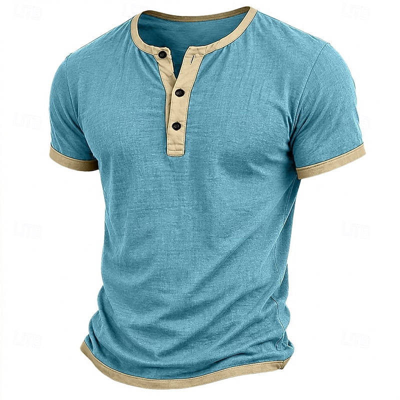 Men's Color Block Henley Tee - Designer Patchwork Casual