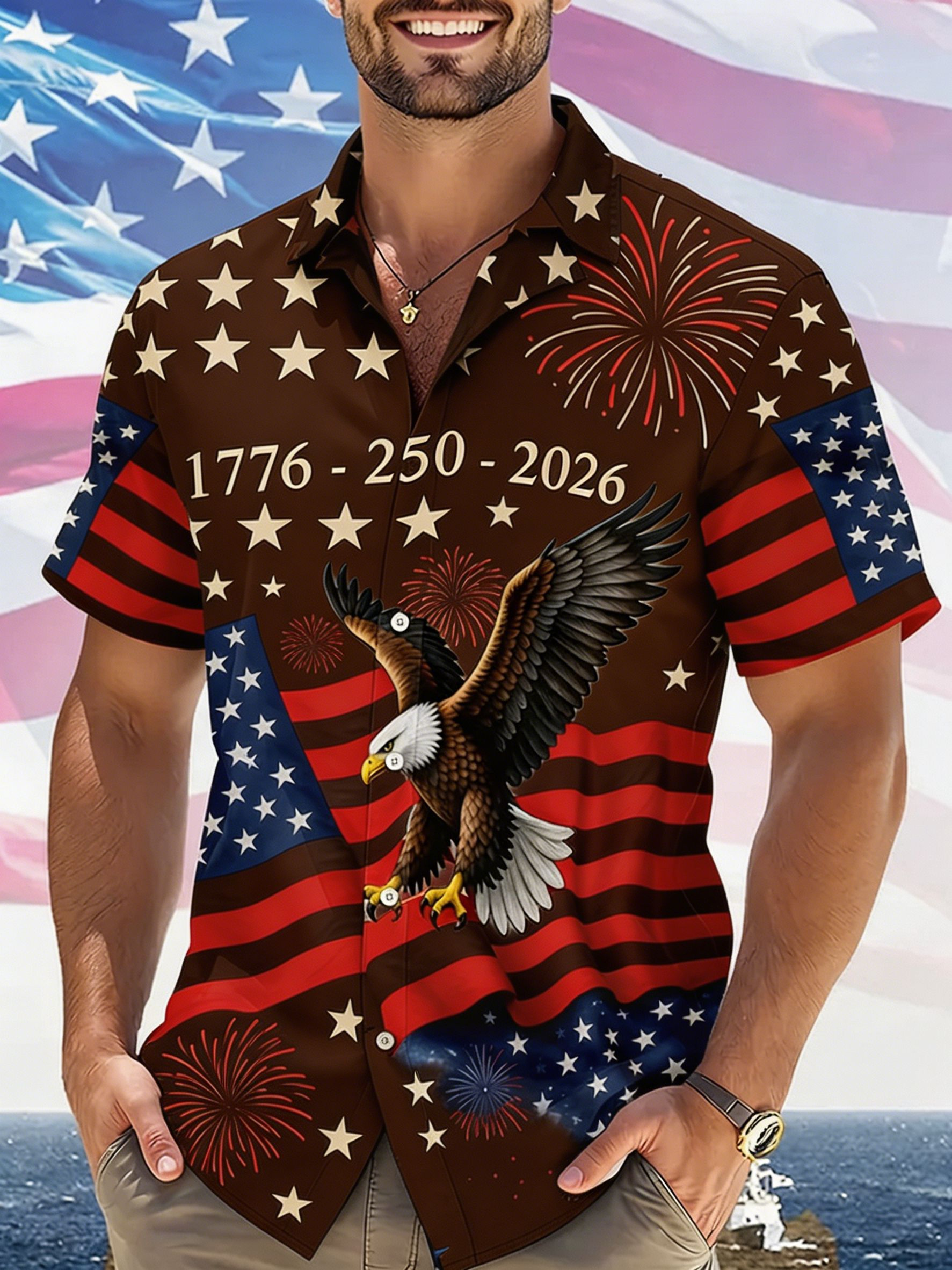 Patriotic USA Eagle Flag Print Camp Collar Shirt, Star & Firework Casual Aloha Shirt