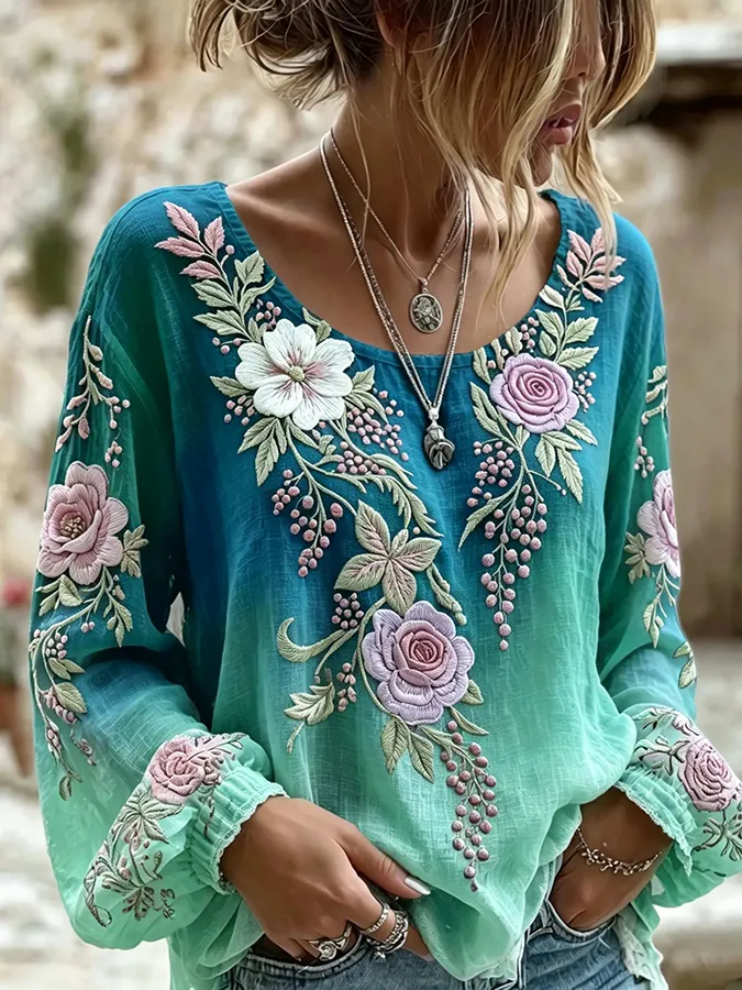 🌸 Boho Floral Embroidered Ombre Blouse
