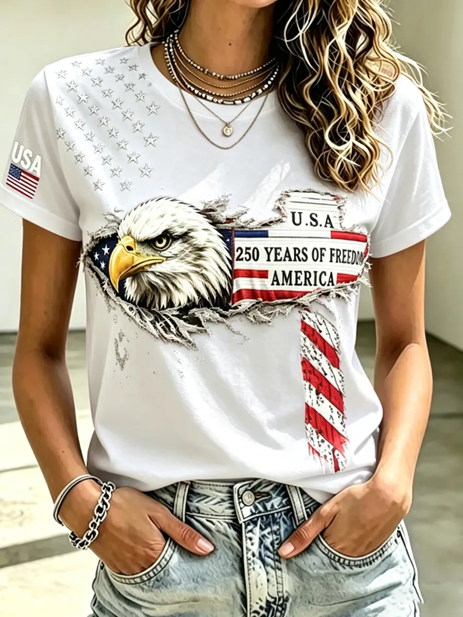 Vintage Ripped US Eagle Flag Independence Anniversary Casual Ladies T-Shirt