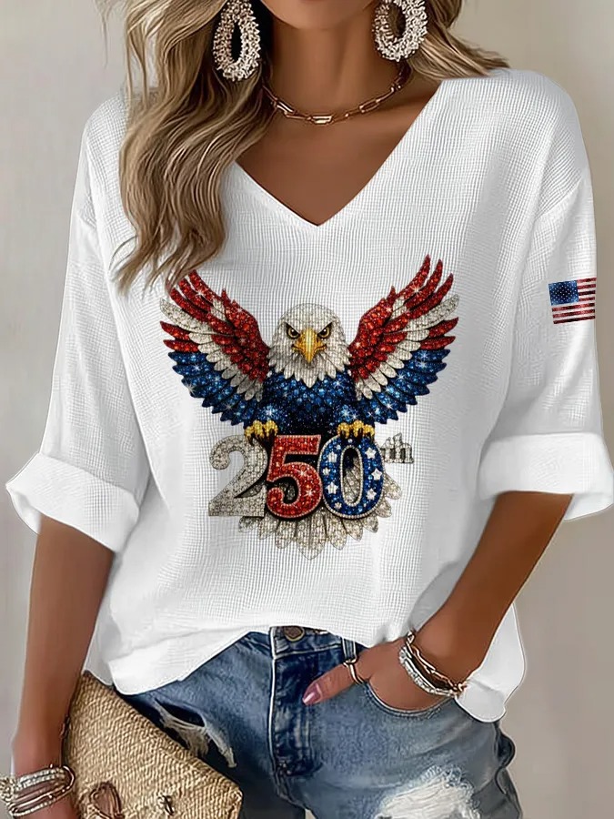 Women's Floral American Flag Ruffle-Sleeve Blouse