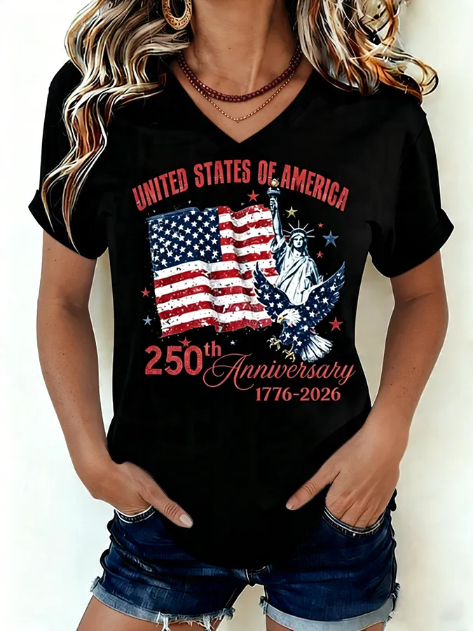 250th Anniversary Patriotic Printed Casual Ladies Short Sleeve Tee