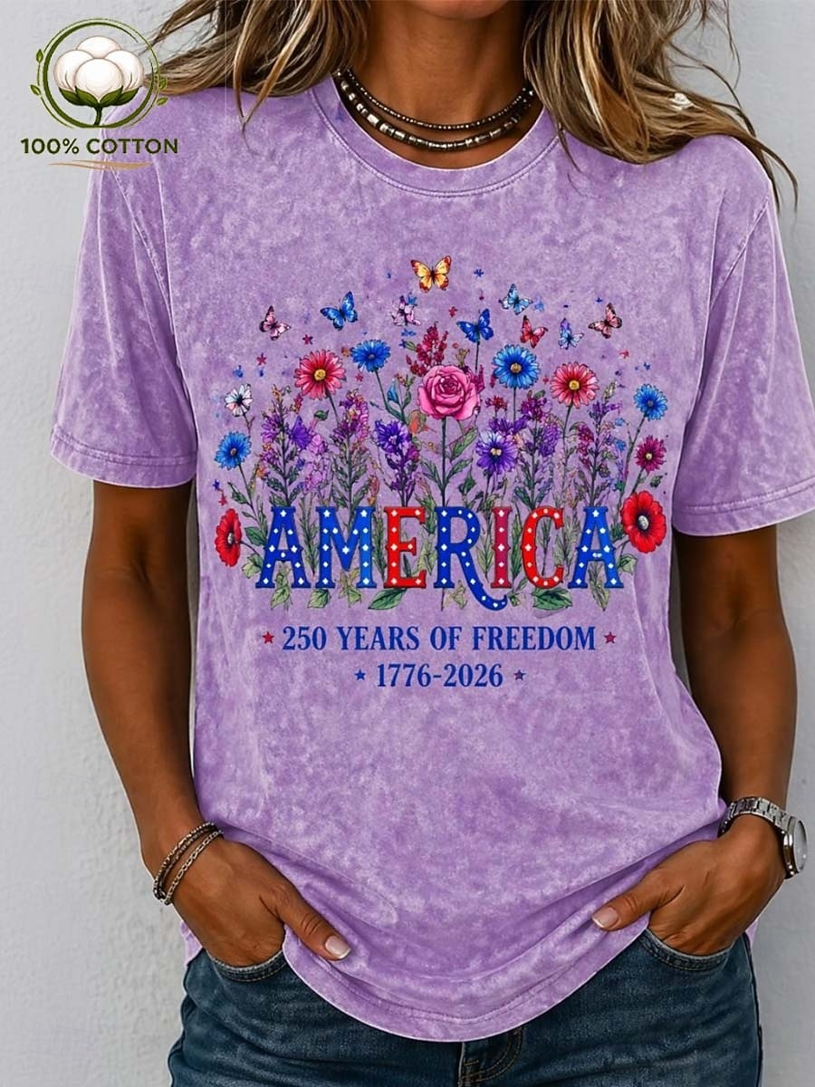 America Floral Wildflower Print Vintage Washed Loose Women Patriotic Summer Casual T-Shirt