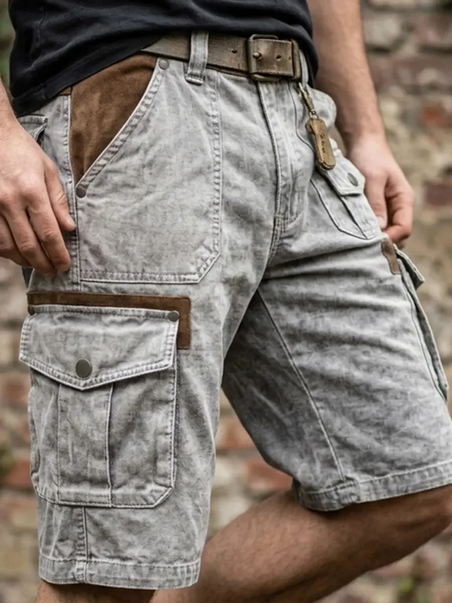 Relaxed Fit Distressed Denim Utility Cargo Shorts with Flap Side Pockets for Men