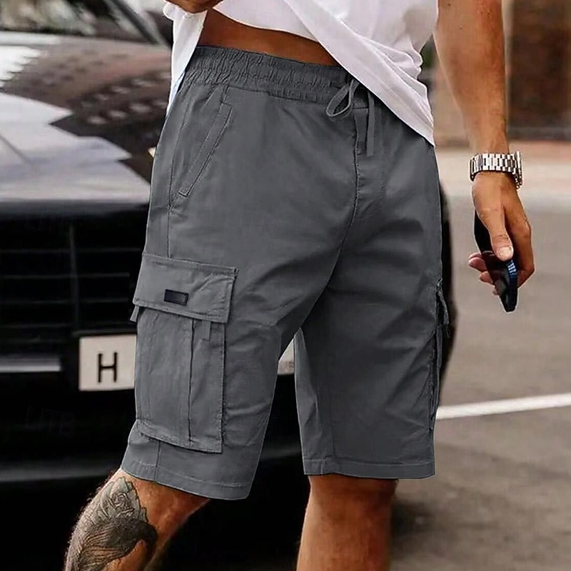 Men Summer Utility Cargo Shorts Elastic Drawstring Waist Multi Pockets Daily Streetwear Knee Length Shorts