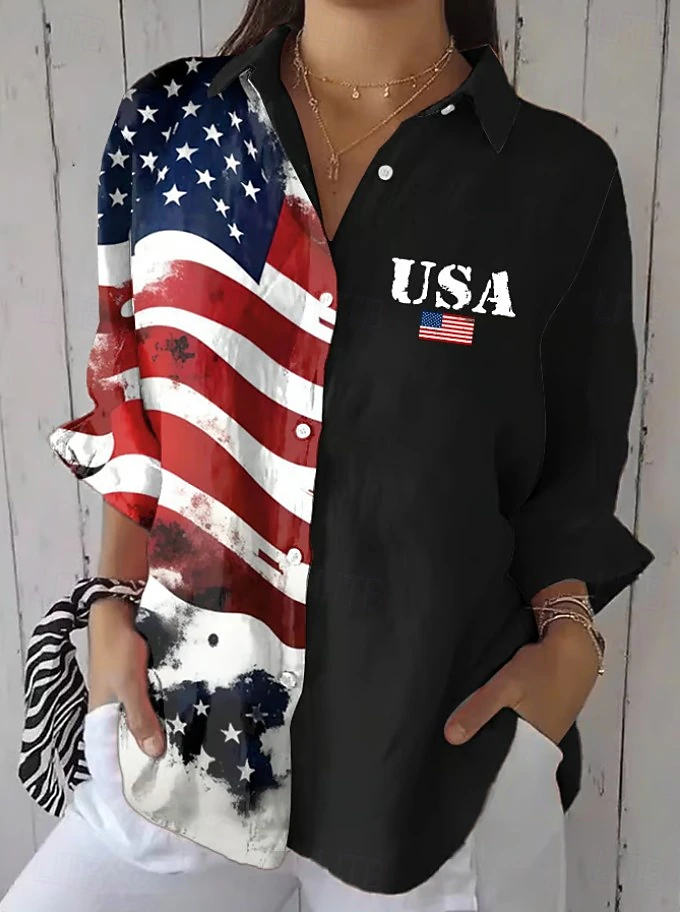 Lightweight Oversized USA Flag Patchwork Lapel Short Sleeve Holiday Casual Top\