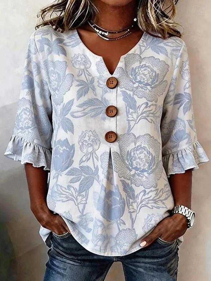 Vintage Floral Geometric Printed Casual Shirt, Relax Fit Half Placket Flared Sleeve Lightweight Ladies Daily Blouse
