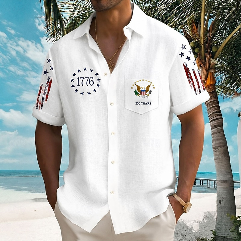Lapel Collar Chest Pocket Curved Hem Men Shirt Textured Linen Fabric 1776 Eagle Seal Star Flag Patriotic Casual Top