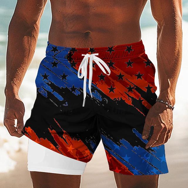 American Pride Men's Swim Trunks with Compression Liner | Quick Dry Patriotic Beachwear