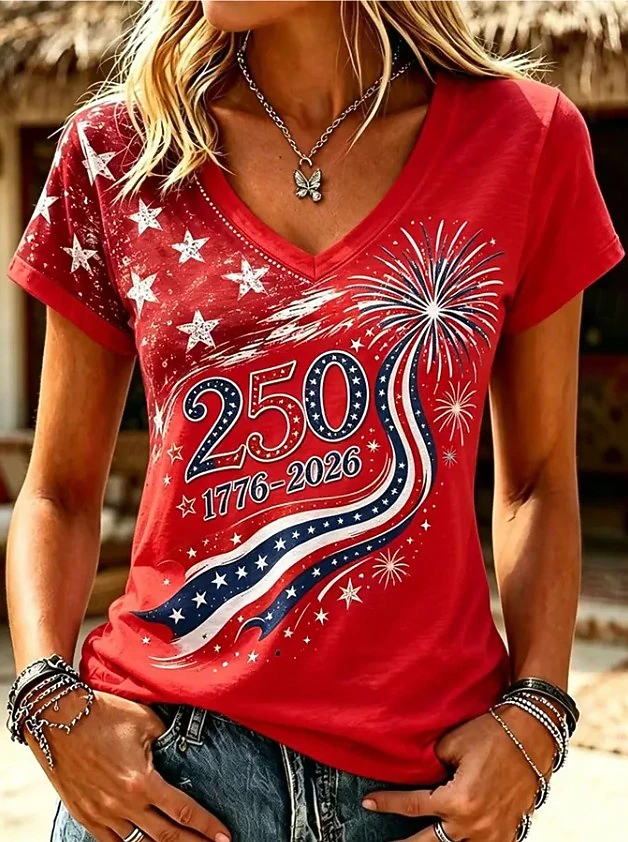 Patriotic American Flag Graphic Short Sleeve V Neck T-Shirt for Women