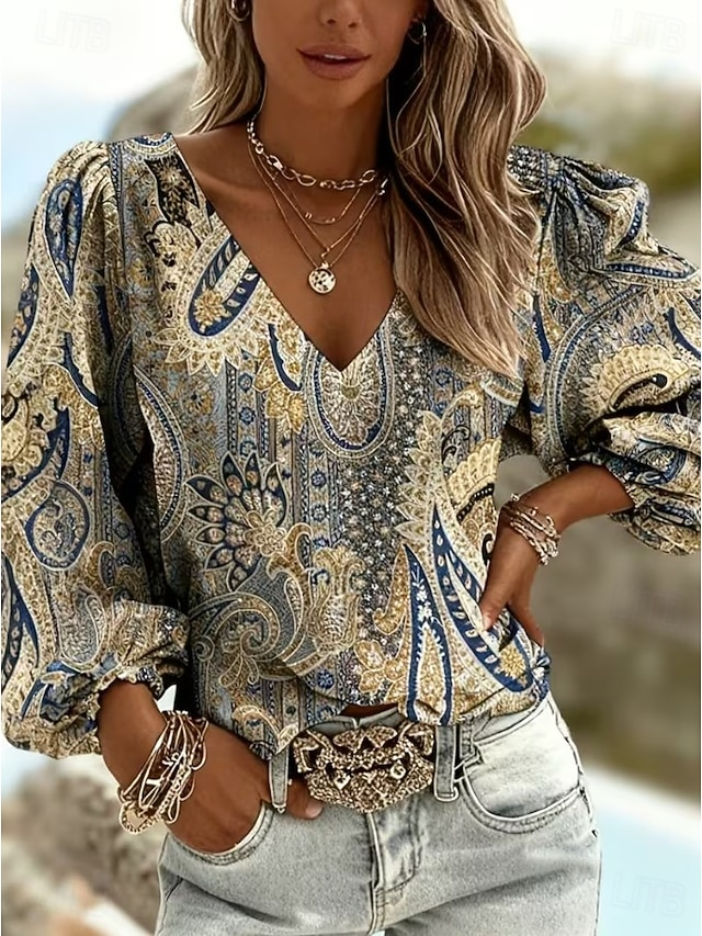 Ethnic Arrow Feather Print Long Sleeve Blouse Women V Neck Puff Sleeve Casual Boho Loose Fit Top