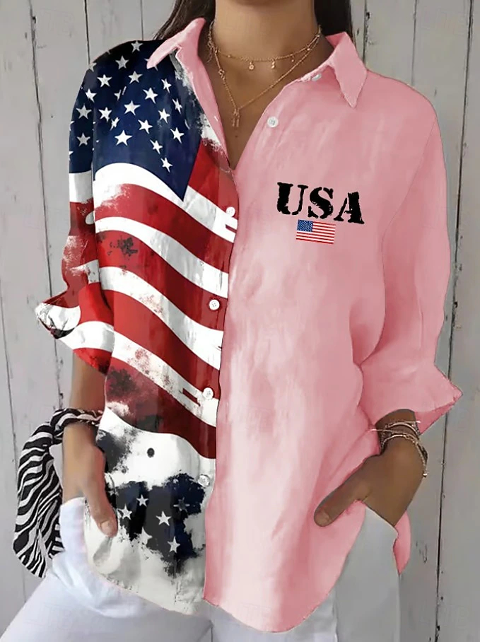 Lightweight Oversized USA Flag Patchwork Lapel Short Sleeve Holiday Casual Top\
