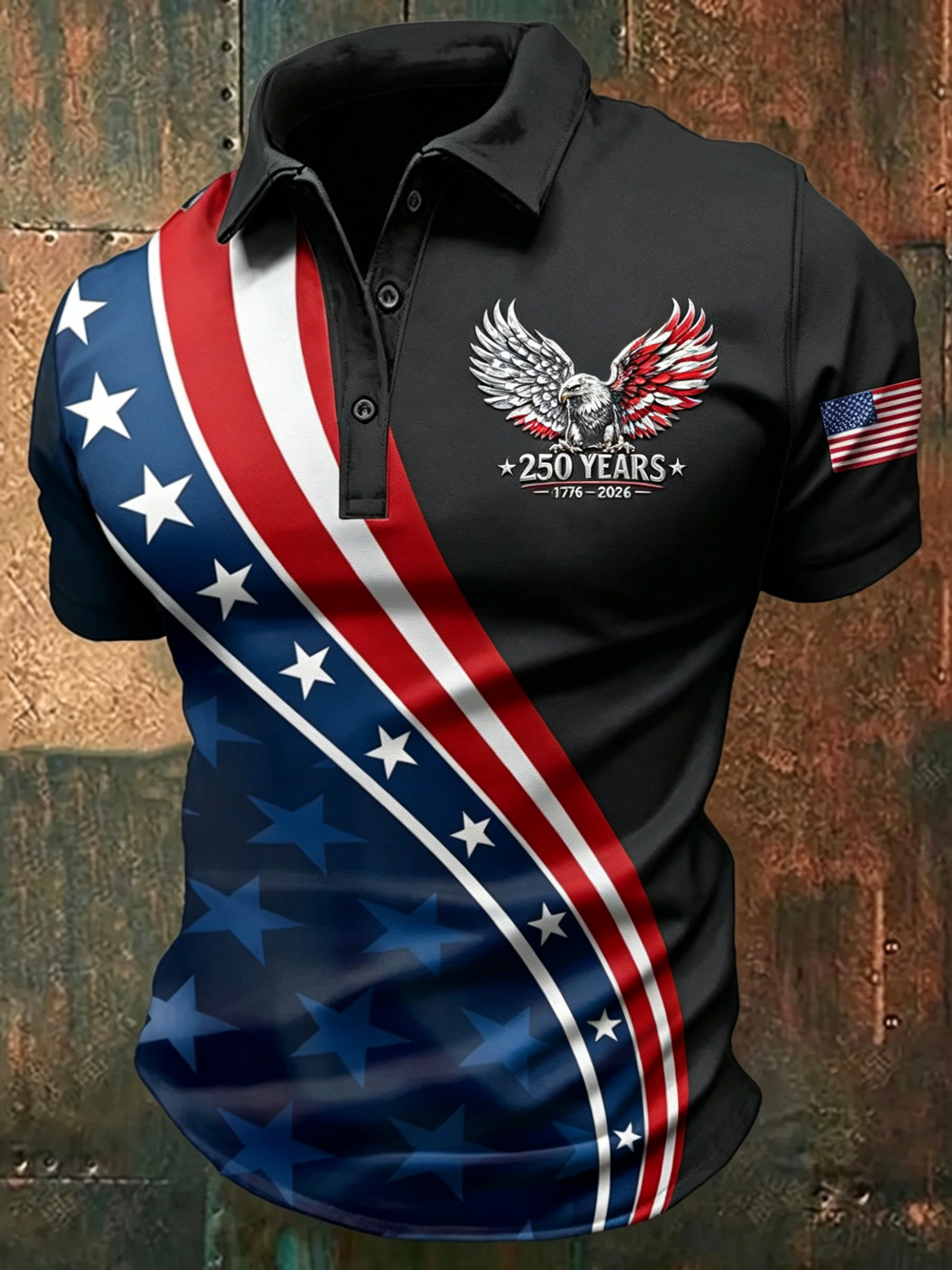 American Eagle Flag Print Polo Shirt, Patriotic Star Stripe Design Casual Short
