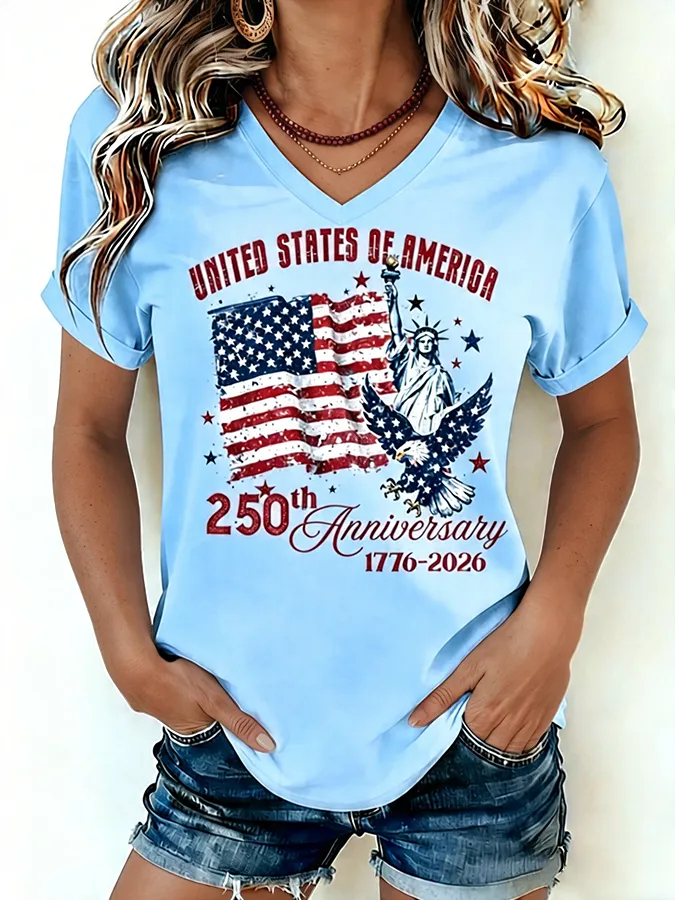 250th Anniversary Patriotic Printed Casual Ladies Short Sleeve Tee