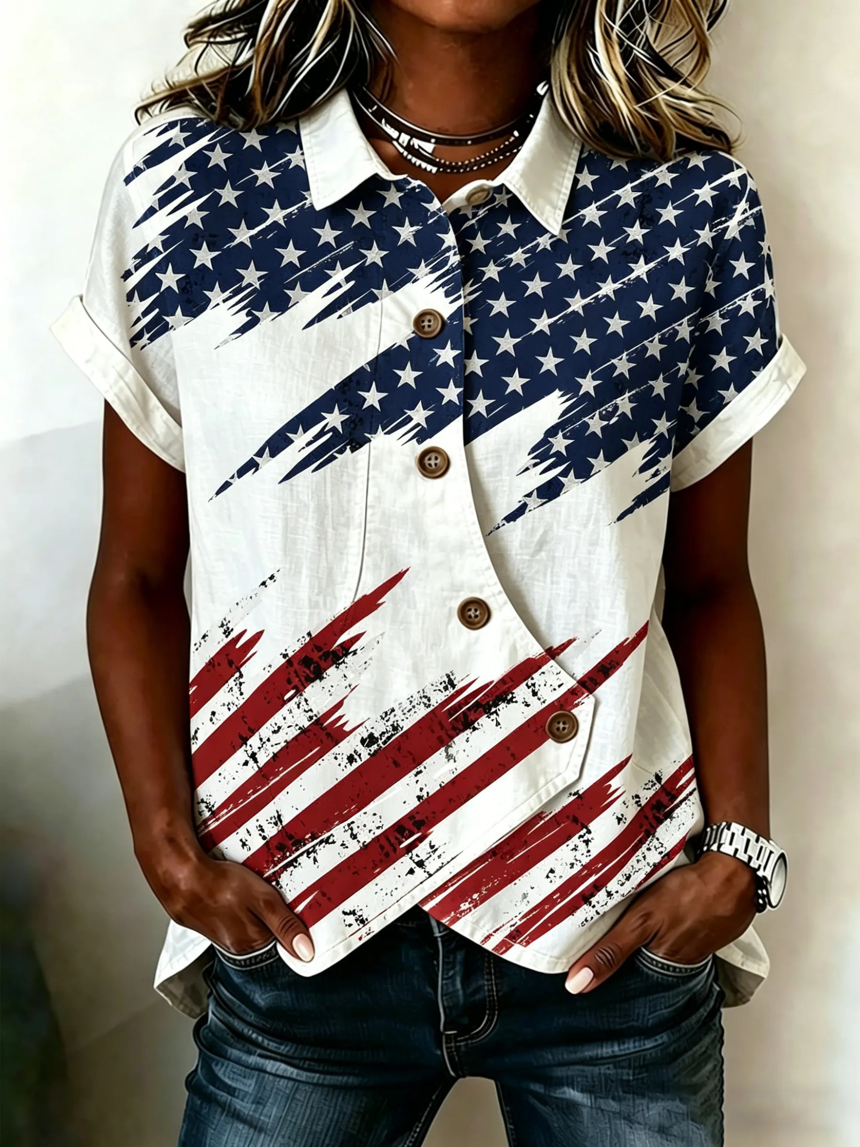 Women's Floral American Flag Ruffle-Sleeve Blouse