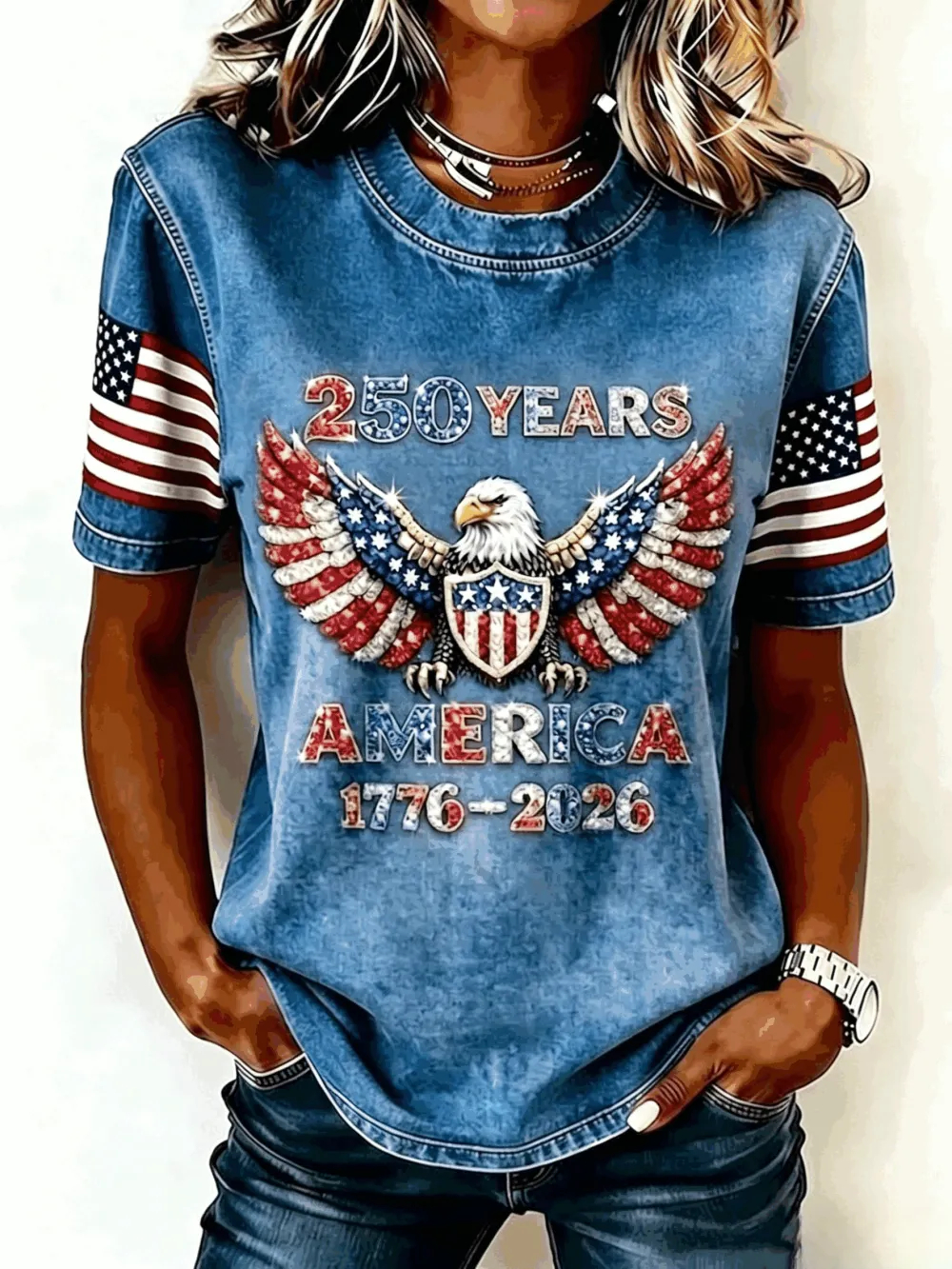 Distressed Denim Style Patriotic Eagle Wing Print Ladies Loose Fit Curved Hem Top