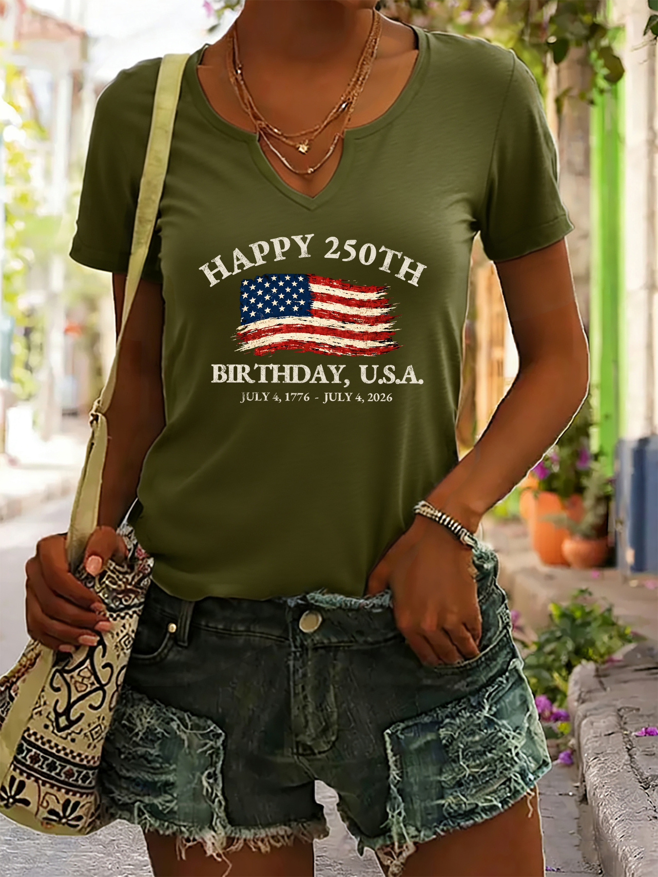 USA 250th Birthday V-Neck T-Shirt – "Happy 250th Birthday, U.S.A." with Distressed American Flag Print, Casual Green Short Sleeve Top