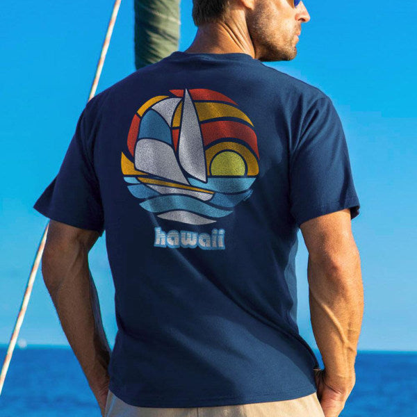 Navy blue stained glass sail with a round neckline and short sleeves