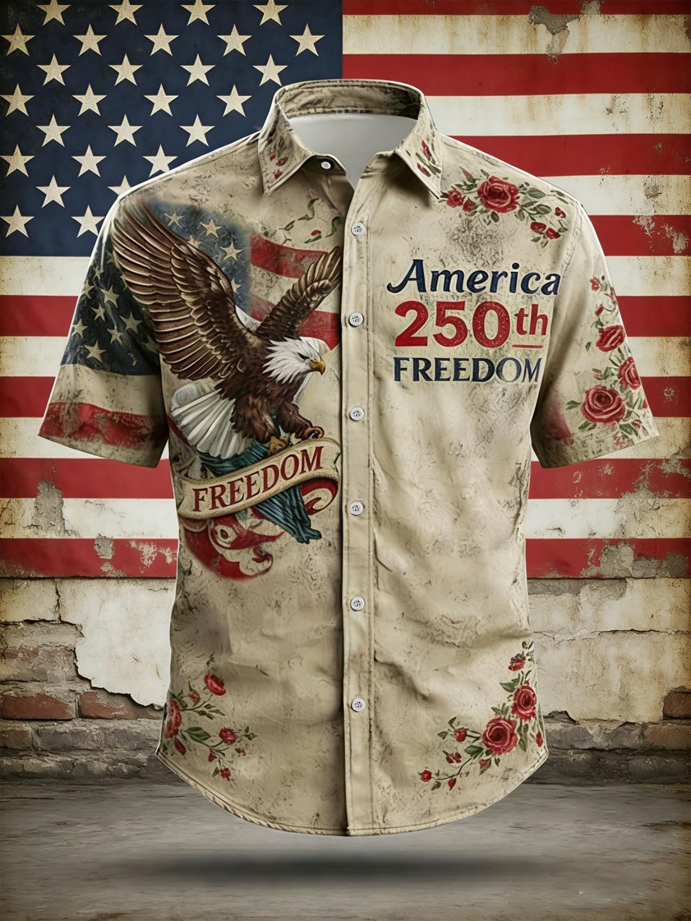 America 250th Freedom Vintage Button-Down Shirt – Eagle & American Flag Print with Floral Accents, Patriotic Short Sleeve Casual Top